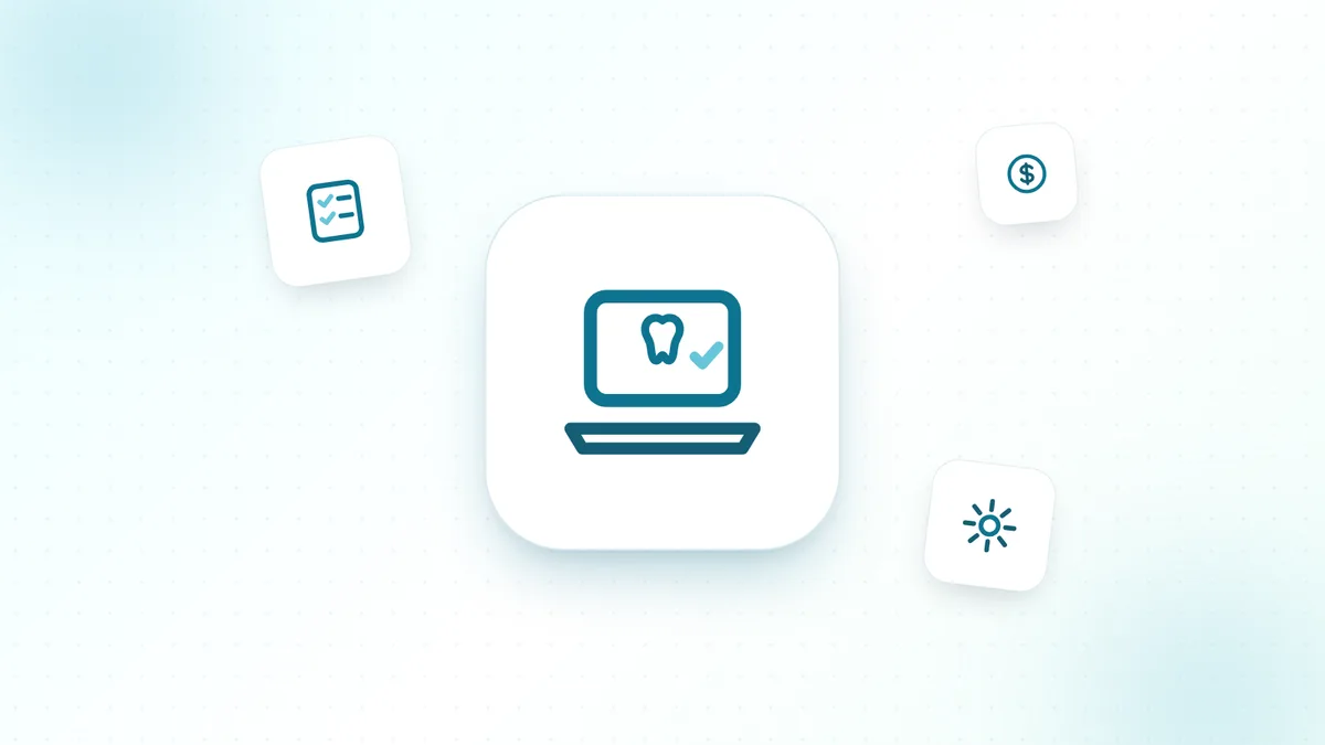 Ilustração de notebook com um dente e uma marca de confirmação na tela
