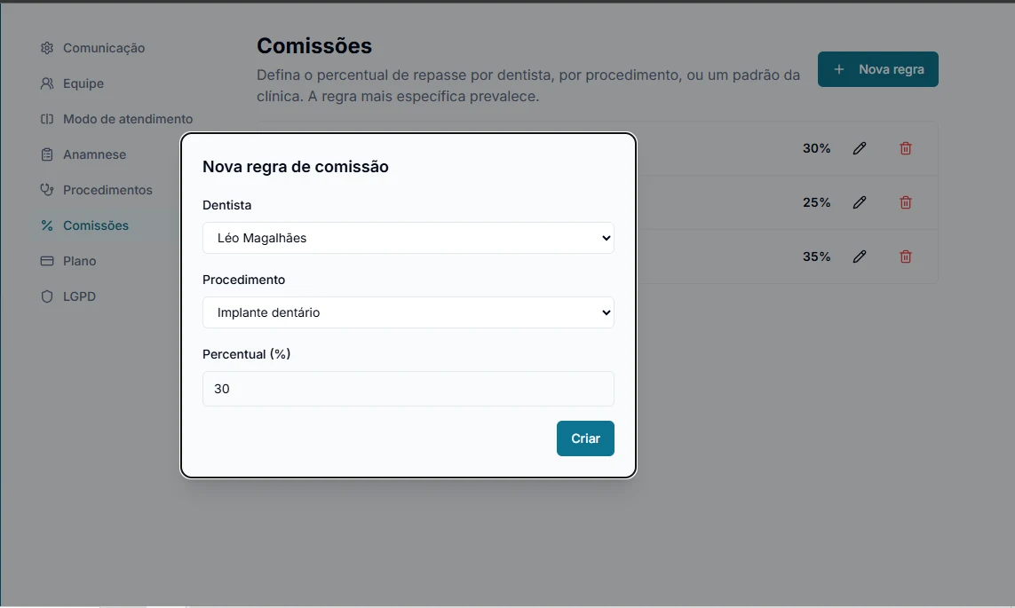 Modal de nova regra de comissão no Smileo, com dentista, procedimento e percentual