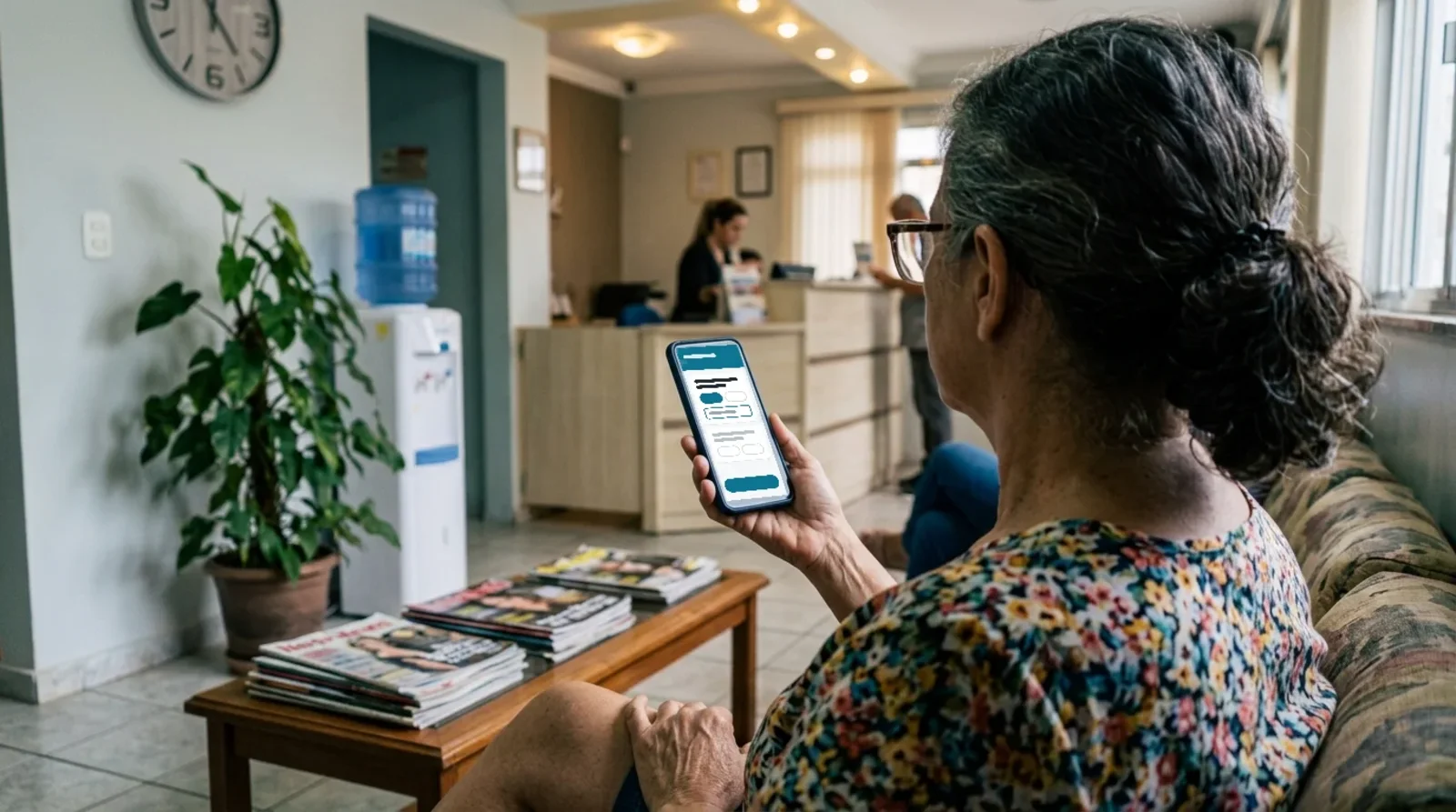 Paciente sentada na sala de espera de um consultório odontológico responde a anamnese no próprio celular antes de ser chamada