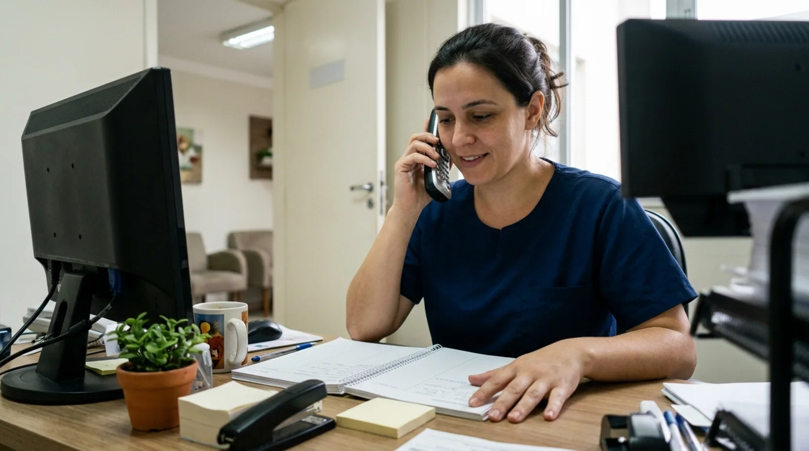 Recepcionista de consultório odontológico fala ao telefone numa sala reservada, com a agenda aberta sobre a mesa