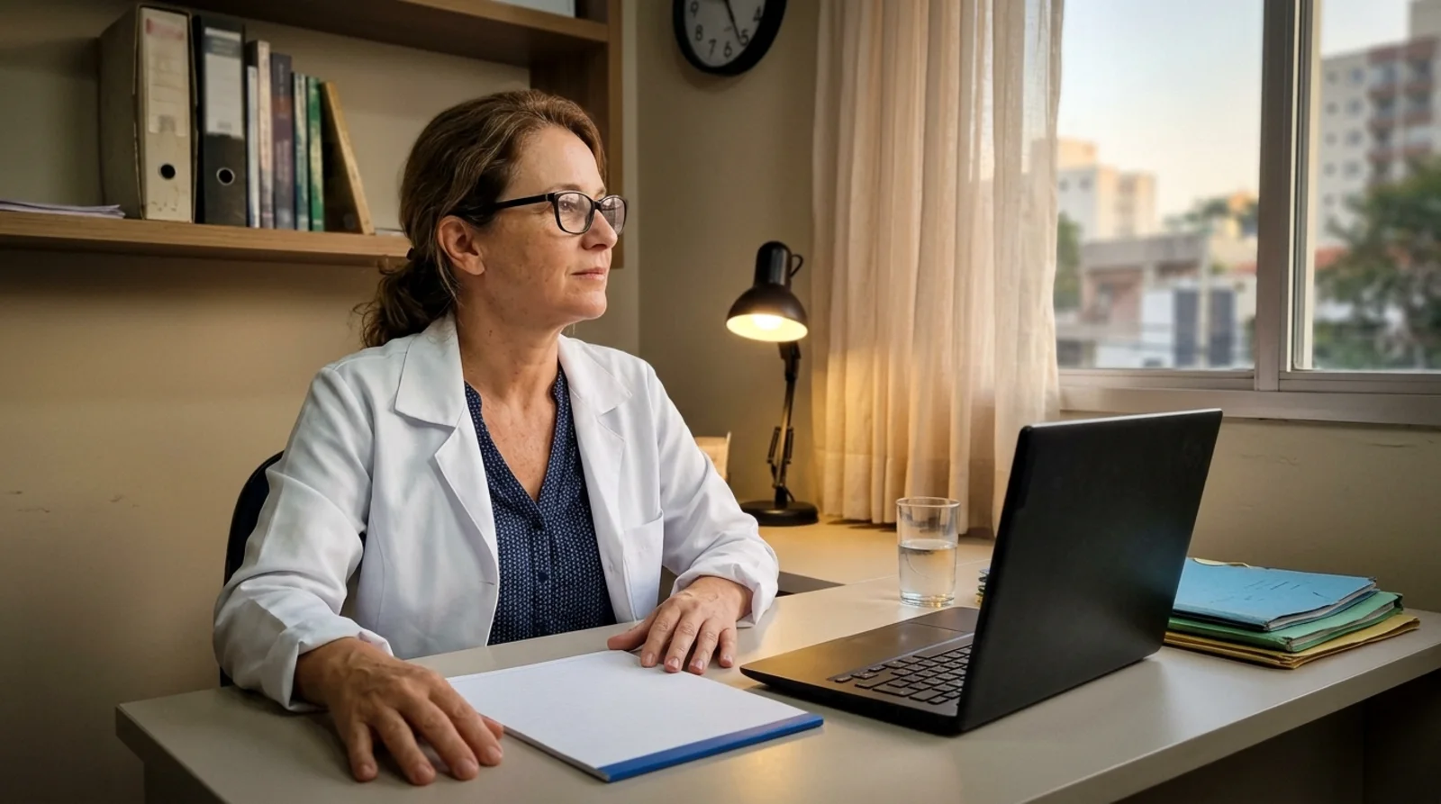 Dentista dona do consultório, sentada à mesa no fim do dia, pensa nos números do mês diante do notebook