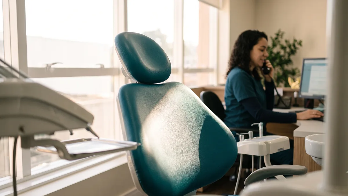 Cadeira odontológica vazia em primeiro plano enquanto a recepcionista liga para o próximo paciente da lista de espera