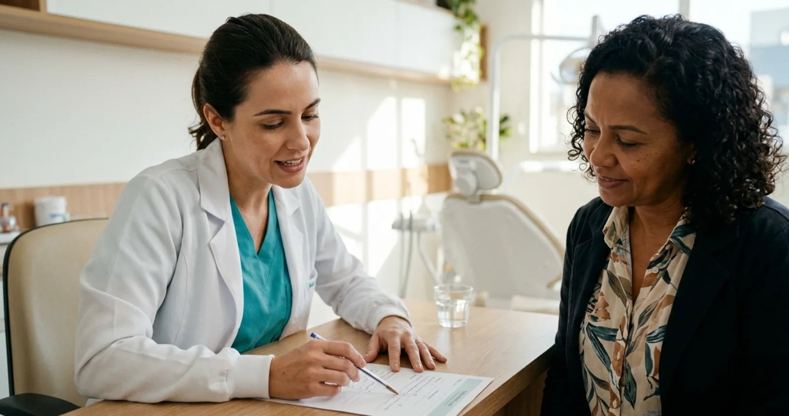 Dentista explica o plano de tratamento para a paciente, as duas olhando o mesmo documento sobre a mesa
