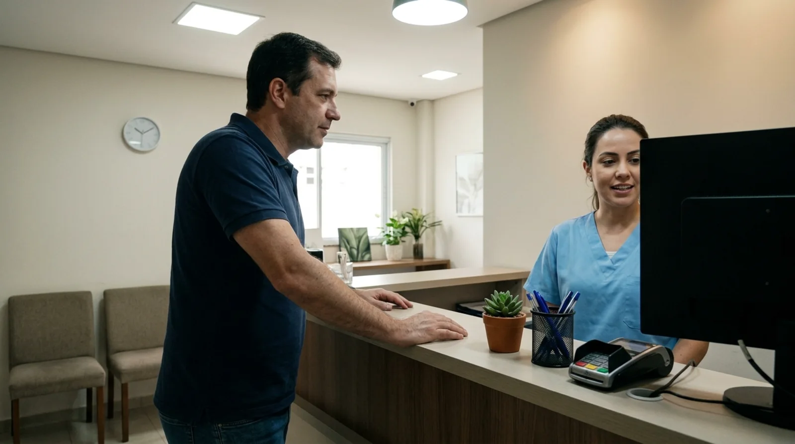 Paciente no balcão da recepção de um consultório odontológico combina a próxima consulta com a recepcionista