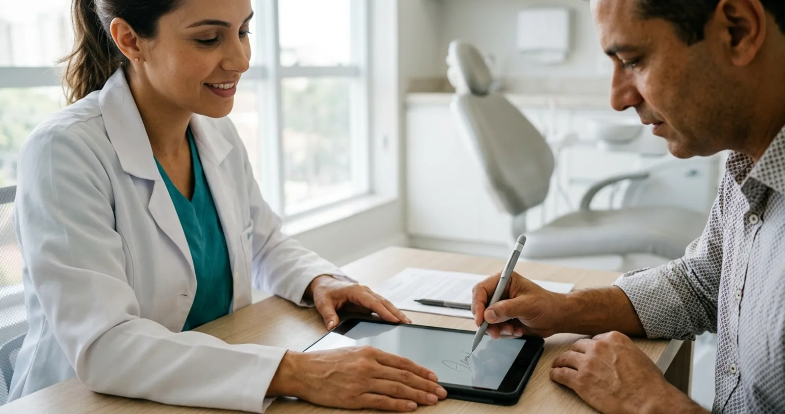 Paciente assina o termo de consentimento na tela do tablet que a dentista segura sobre a mesa