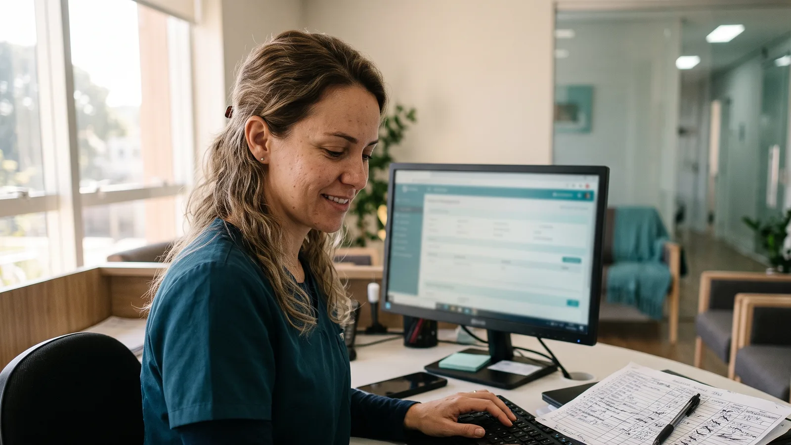 Recepcionista de clínica odontológica registra atendimentos no sistema, com a planilha de papel aposentada ao lado do teclado
