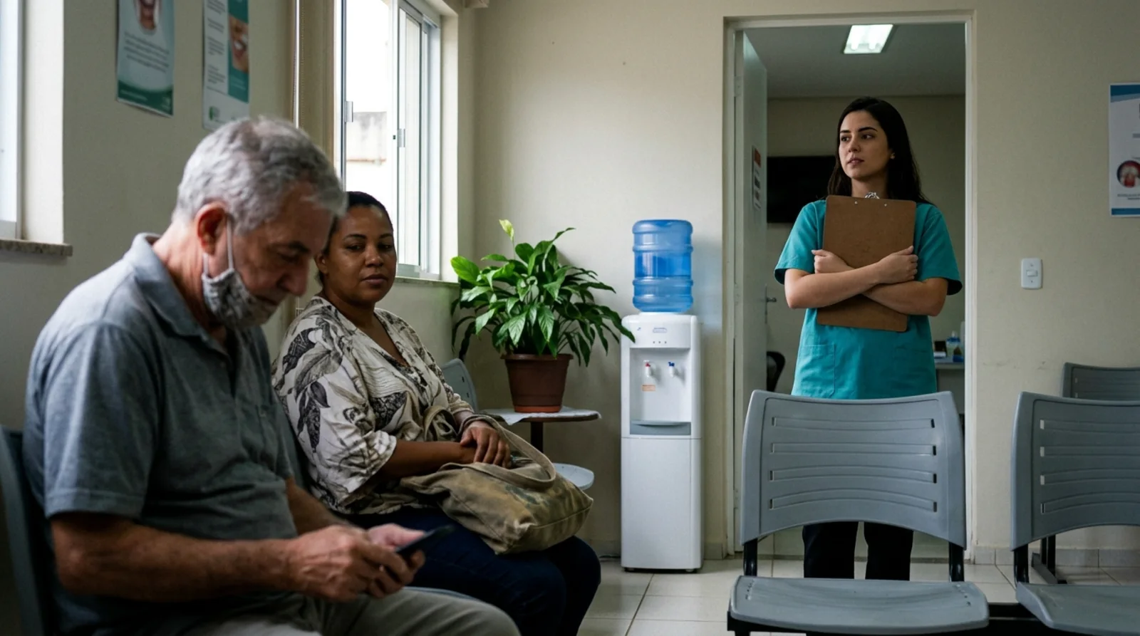 Recepcionista na porta da sala de espera de um consultório odontológico, com a prancheta junto ao peito, enquanto pacientes aguardam