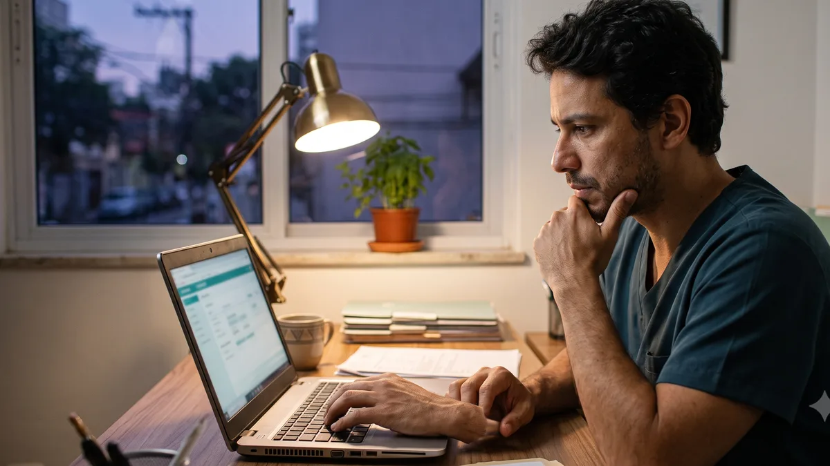 Dentista compara sistemas de gestão no notebook depois do expediente