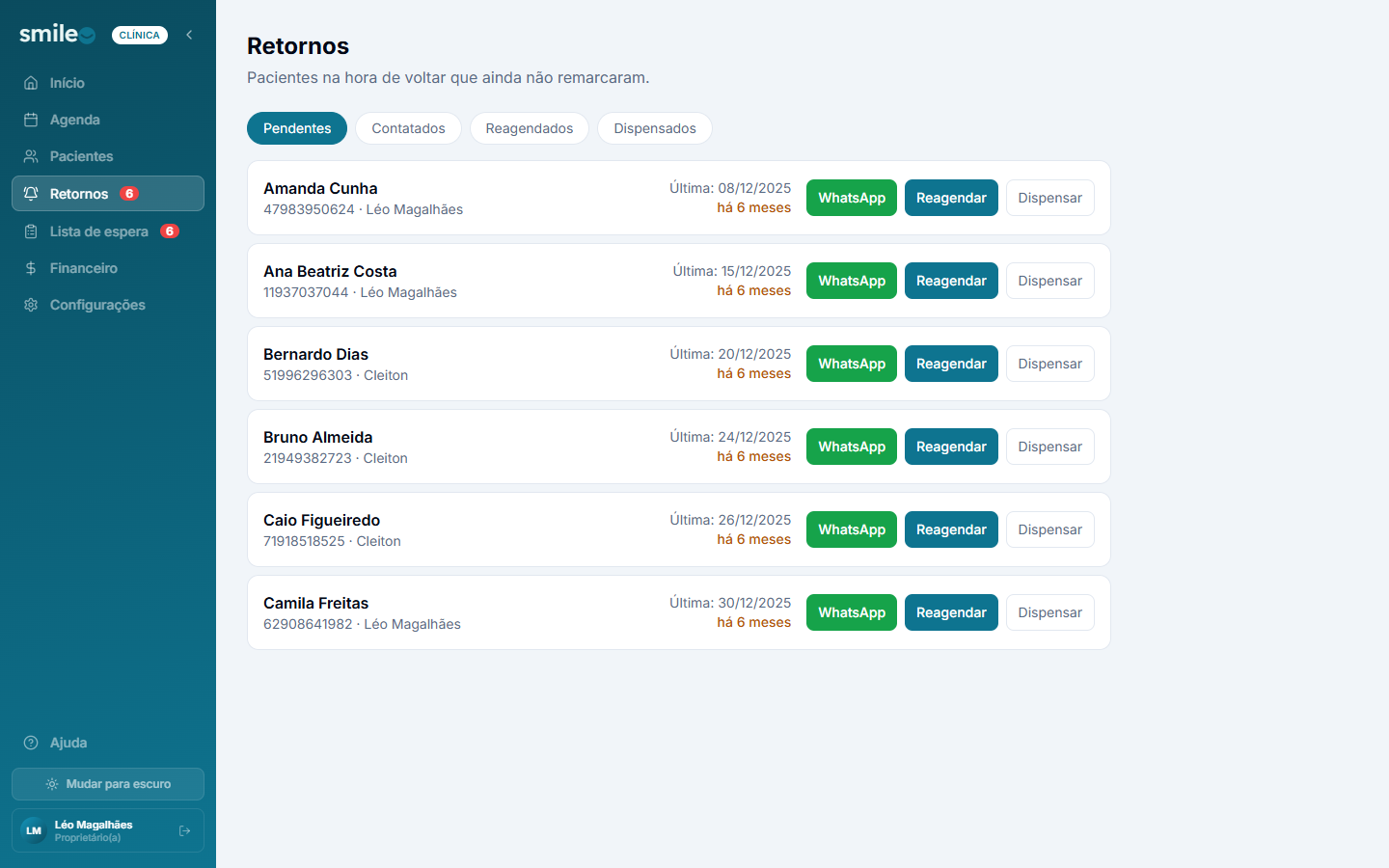 Lista de retornos do Smileo, pacientes na hora de voltar com ação de WhatsApp e reagendar